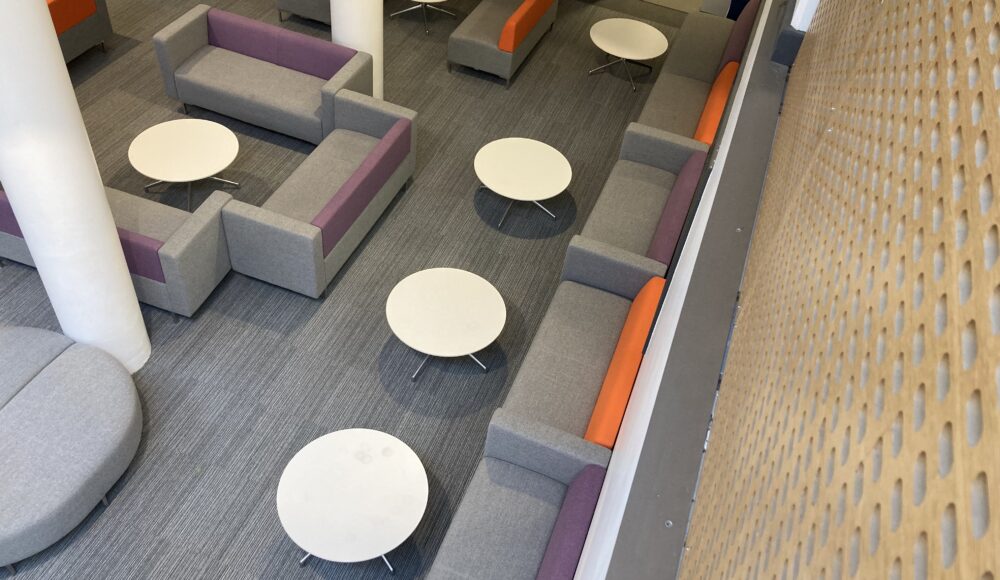 University of Sheffield, Ideas Space. Forbo Marmoleum & Tarkett Essence carpet tiles
