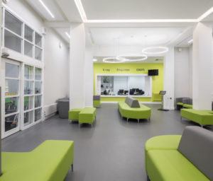 Contract flooring Grey Altro Orchestra vinyl safety flooring for Charles Clifford Dental Hospital waiting area